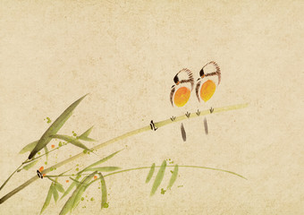 Traditional chinese painting Bamboo and two birds on old Paper B
