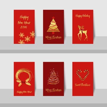 Merry Christmas New Year golden tree deer small card with gold shiny tree, curve lines, candy canes, reindeer and wreath in gold, red with red background.