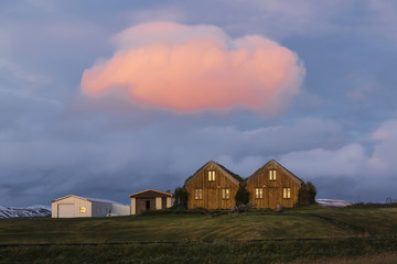 Fototapeta premium Turf covered houses at Modrudalur, Iceland
