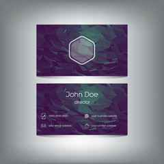 Low poly business card with polygonal vector background. Company presentation and icons for contacts