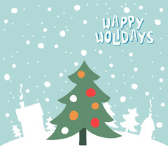Greeting card with a picture of Christmas tree on snowy background