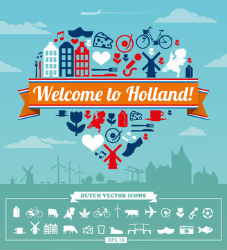 Holland Dutch items illustrated vector set