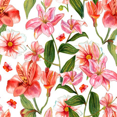 Vivid watercolor flowers and butterflies seamless background pattern