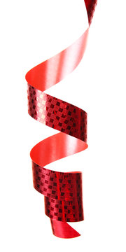 Red shining ribbon isolated on white, close up