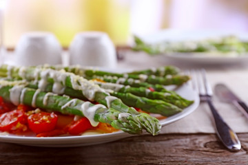 Delicious vegetables dish on served table, close up