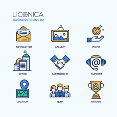Set of modern office thin line flat design icons and pictograms. Business infographics objects, web elements. Newsletter, gallery, profit, office, partnership, support, location, team, awards