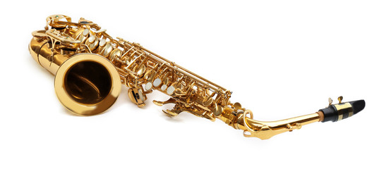 Golden saxophone isolated on white background, close up
