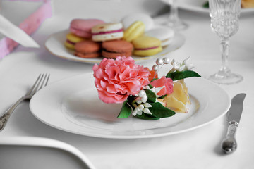 Beautiful flowers on a table decorated for wedding celebration