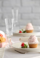 Beautiful decorated table for wedding celebration in restaurant