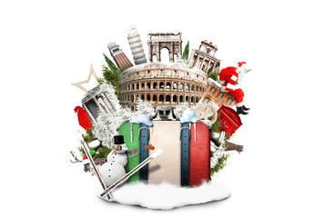 Italy, winter Christmas collage with landmarks of Italy