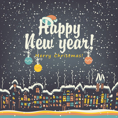 Christmas card with winter old city in snowy night