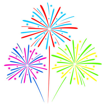 Colorful fireworks isolated on white background. Vector illustration.