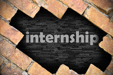 Hole in the brick wall with word internship