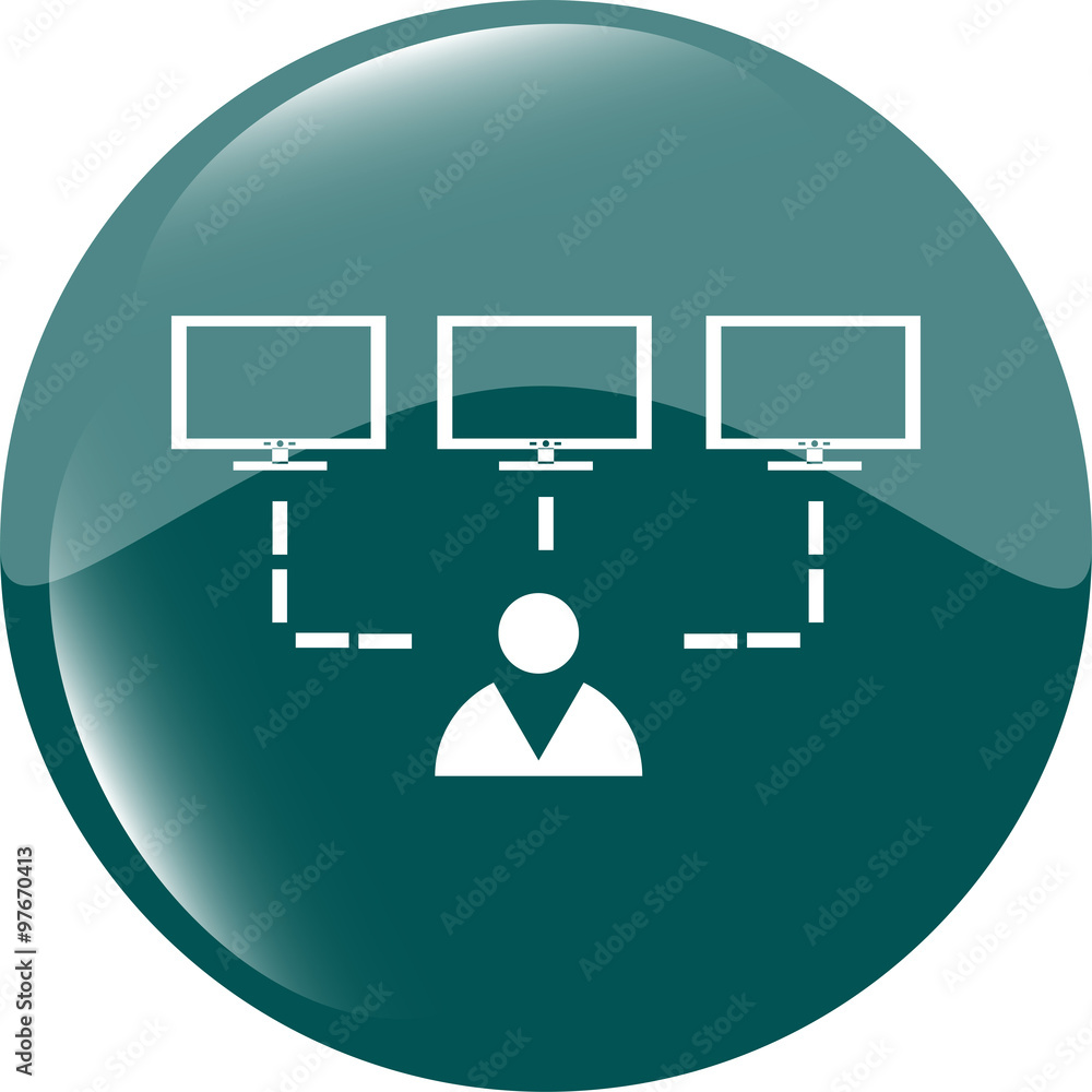 Poster social network with man and computer set web icon button vector illustration