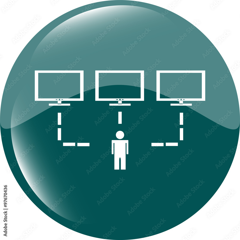 Poster social network with man and computer set web icon button vector illustration