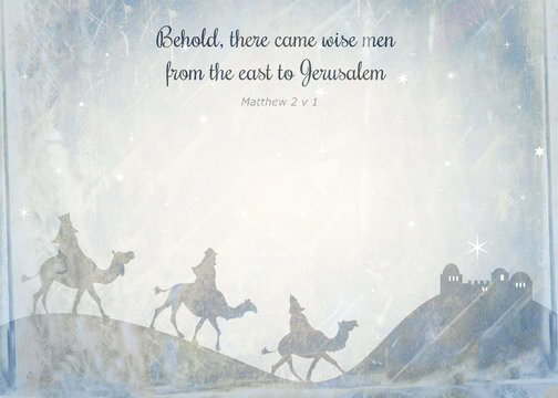 Shabby chic Christmas background note paper design with the wise men riding on camels and bible scripture text.
