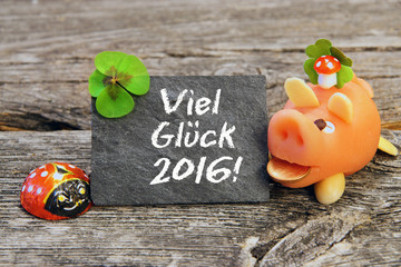 Viel Glück 2016! - Silvester/Neujahr 2016 - Tafel mit Text, Glücksschwein, Marienkäfer und...