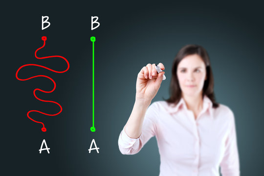 Business woman drawing a concept about the importance of finding the shortest way to move from point A to point B, or finding a simple solution to a problem. Blue background.