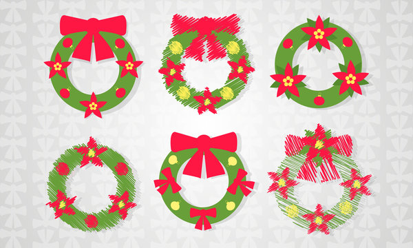 Christmas wreath set with red bow icon with long shadow. Vector illustration minimal flat design.