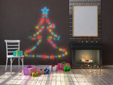 Mock up poster on the wall with chimney,christmas tree and christmas decorations. 3d render