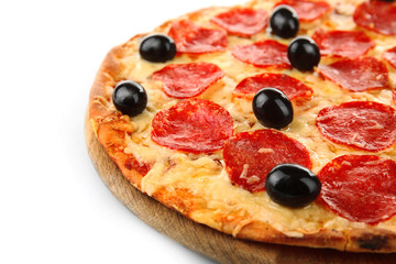 Pepperoni pizza with olives, isolated on white