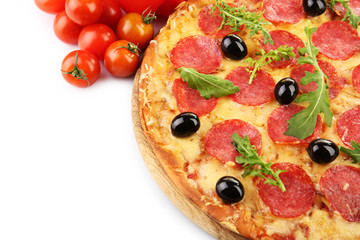 Pepperoni pizza with vegetables isolated on white