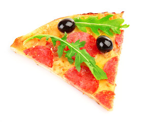 Slice of pepperoni pizza with olives and arugula, isolated on white
