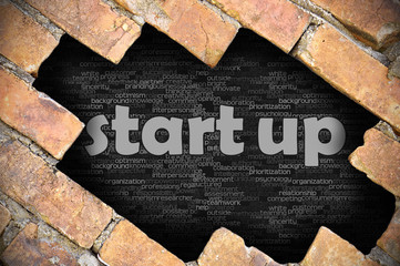 Hole in the brick wall with word start up