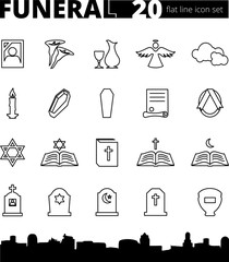 Funeral vector icons set line icons flat style