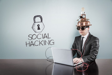 Social hacking concept with vintage businessman and laptop