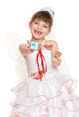 tooth fairy girl dressed in white with wings give gift and money