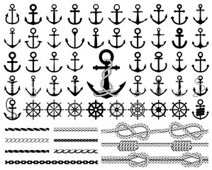 Set of anchors, rudders icons, and ropes. Vector illustration. - obrazy, fototapety, plakaty