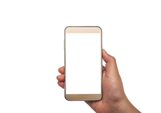 Hand with smartphone white screen isolated, Clipping path