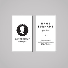 Barbershop business card design concept. Barbershop logo-badge with bob hairstyle woman profile. Vintage, hipster and retro style. Black and white. Hair salon business card.