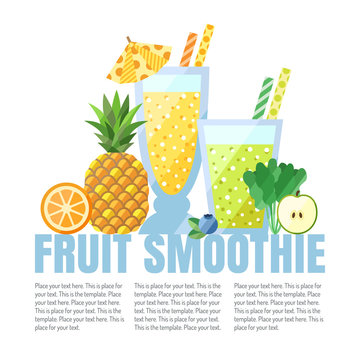 Fruit smoothies (juices) vector background (orange, pineapple, blueberry, spinach, apple). Menu element for cafe or restaurant. Healthy drink. Modern flat design.