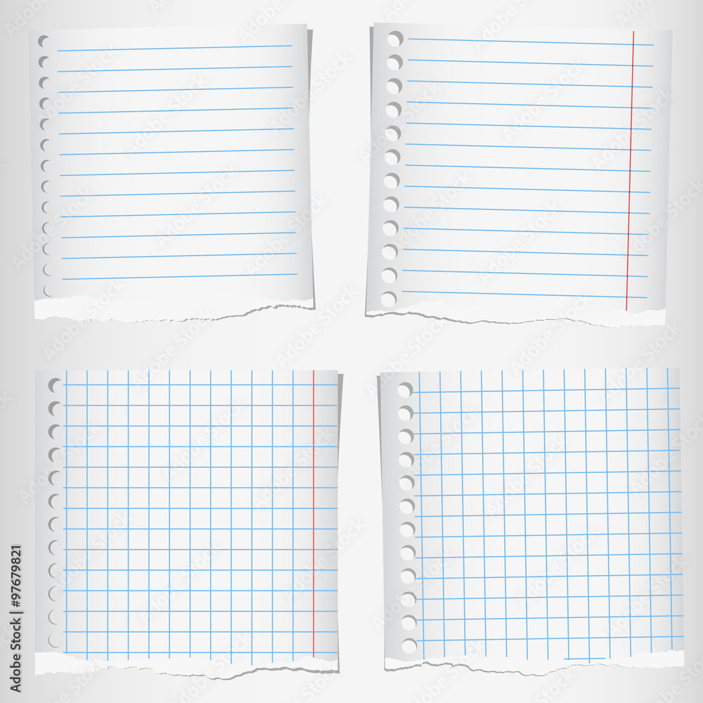 Poster set of torn notebook papers with lines and grid