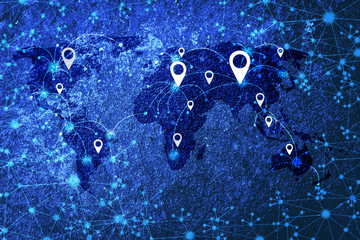 Blue world map with location pins