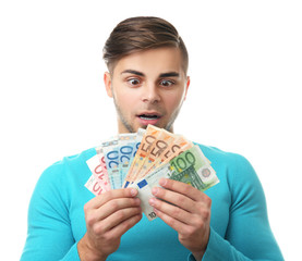 Man holding money isolated on white