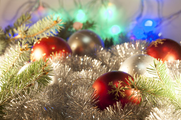 Christmas decoration on abstract background. Christmas ornaments on the Christmas tree