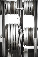 Weights in a Gym.
Gym interior close up, machinery and weightlifting equipment.