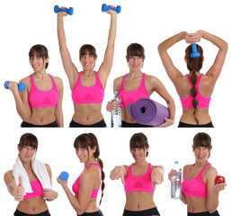Collage lachen Fitness Frau beim Sport Workout Training mit Hant