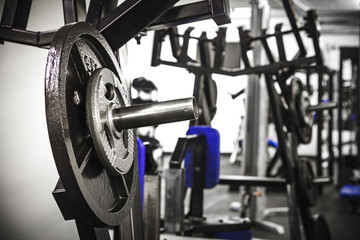 Weights in a Gym.
Gym interior close up, machinery and weightlifting equipment.