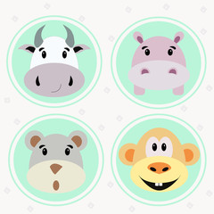 Illustration of animal set including monkey, hippopotamus, bear and cow