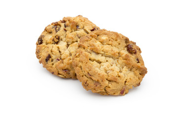Oatmeal cookies with cranberries on a white background.