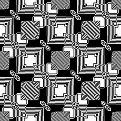 Abstract seamless retro black and white pattern of squares and contour lines