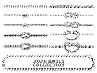 Rope knots collection. Overhand, Figure of eight and square knot. Seamless decorative elements. Vector illustration.