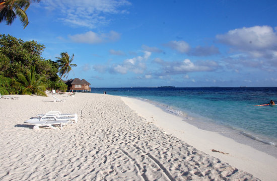 White sand beach with deckchairs
