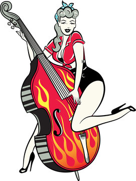 Rockabilly pinup chick playing a double bass