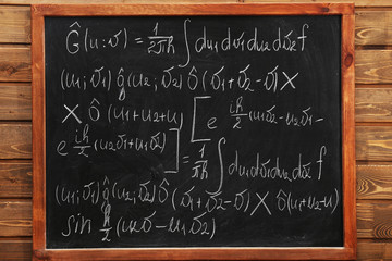 School blackboard with formulas on a brick wall