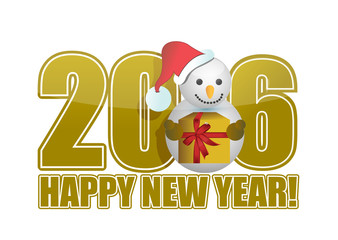 2016 gold text and snowman and gift